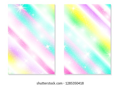 Candy pattern. Magic unicorn hologram. Holographic sky in pastel color. Bright mermaid pattern in princess colors. Vector illustration. Unicorn Fantasy gradient colorful backdrop with rainbow mesh.