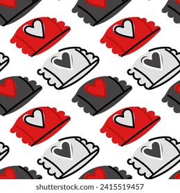Candy pattern in a package for lovers with hearts. Cute love symbol elements with seamless pattern on white Valentine's day background. Black red color doodle images of candy wrappers.