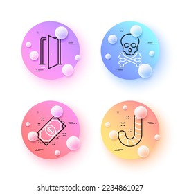 Candy, Payment and Open door minimal line icons. 3d spheres or balls buttons. Chemical hazard icons. For web, application, printing. Lollypop, Finance, Entrance. Toxic death. Vector