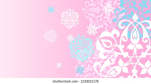 Candy pink background with delicate lace snowflakes.