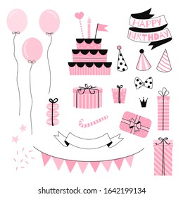 Candy Pink Birthday party essentials isolated on white background. Festal objects vector clip-art set in simple linear style with transparent overlapping shapes. Balloon, cone hat, cake, gift box