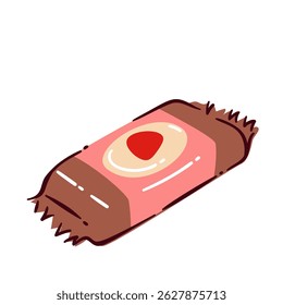 Candy in pink and brown wrapper with red dot, sweet snack for kids, parties, or gifts. Cartoon doodle style for food, dessert, or confectionery design. Vector illustration of sweets