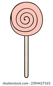 Candy pink caramel on a stick. The pattern on the candy is a swirling optical illusion. Color vector illustration. Cartoon style. Isolated background. Delicious lollipop. Idea for web design