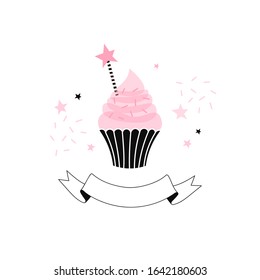 Candy Pink cup cake with confetti and ribbon for text isolated on white background. Sweets simple linear transparent overlapping shapes vector clip-art. Happy Birthday design concept