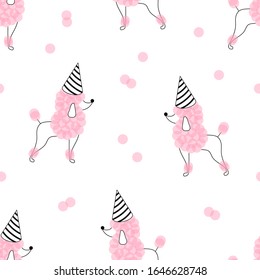 Candy pink festal poodle in party cone hat vector seamless pattern. Happy birthday dog on confetti background. Joyful doggy festive backdrop design.