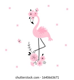 Candy Pink Flamingo with flowers illustration isolated on white background. Exotic bird simple linear transparent overlapping shapes vector clip-art. Birdy floral poster spring concept