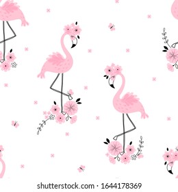 Candy Pink Flamingo vector seamless pattern. Exotic bird simple linear transparent overlapping shapes background. Birdy floral spring concept backdrop.