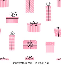 Candy pink gift box isolated on white vector seamless pattern. Happy birthday background with festive surprise pack. Festal girlish party present backdrop.