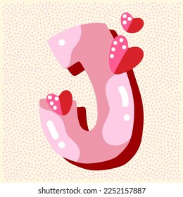 Candy pink glossy font design. Pastel pink and paper heart decor letters ABC. Sweets for girls. Letter J