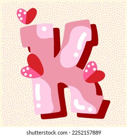 Candy pink glossy font design. Pastel pink and paper heart decor letters ABC. Sweets for girls. Letter K