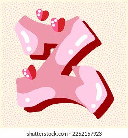 Candy pink glossy font design. Pastel pink and paper heart decor letters ABC. Sweets for girls. Letter Z