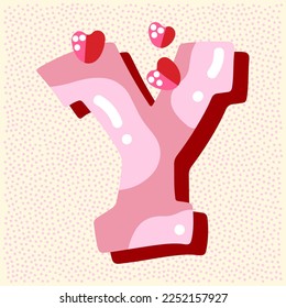 Diseño de fuente brillante color rosa dulce. Las letras de decoración de color rosa pastel y de papel al corazón ABC. Dulces para chicas. Letra Y