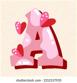 Candy pink glossy font design. Pastel pink and paper heart decor letters ABC. Sweets for girls. Letter A