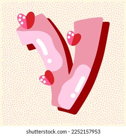Candy pink glossy font design. Pastel pink and paper heart decor letters ABC. Sweets for girls. Letter V
