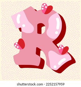 Candy pink glossy font design. Pastel pink and paper heart decor letters ABC. Sweets for girls. Letter R