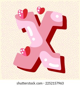 Candy pink glossy font design. Pastel pink and paper heart decor letters ABC. Sweets for girls. Letter X