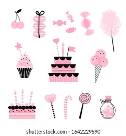 Candy Pink happy birthday party sweets props isolated on white background. Cherry, candy cotton, cup cake, lollipop, ice cream, macaroon vector clip-art set