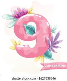 Candy pink numbers with floral elements. Baby girl birthday letters. Sweet glossy font 