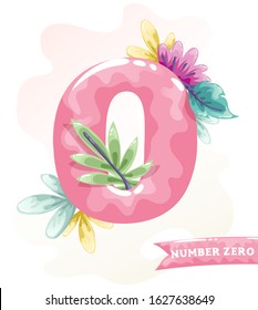 Candy pink numbers with floral elements. Baby girl birthday letters. Sweet glossy font 