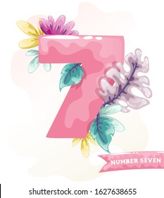 Candy pink numbers with floral elements. Baby girl birthday letters. Sweet glossy font 