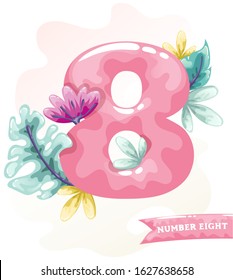 Candy pink numbers with floral elements. Baby girl birthday letters. Sweet glossy font 