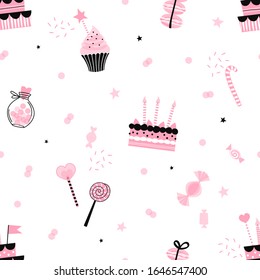 Candy Pink party sweets props isolated on white vector seamless pattern. Happy Birthday celebration background with candy, cup cake, lollipop, macaroon in simple linear flat shape style. Festal party