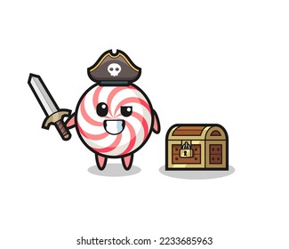 the candy pirate character holding sword beside a treasure box , cute style design for t shirt, sticker, logo element