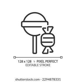 Candy pixel perfect linear icon. Confectionery store. Sweet shop. Caramel lollipop. Sugar based food. Thin line illustration. Contour symbol. Vector outline drawing. Editable stroke