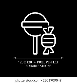 Candy pixel perfect white linear icon for dark theme. Confectionery store. Sweet shop. Caramel lollipop. Sugar based food. Thin line illustration. Isolated symbol for night mode. Editable stroke