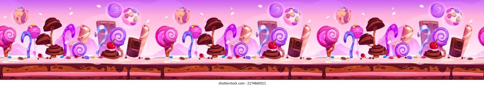 Candy planet cartoon game platform, seamless background. Arcade ui location with sweets, desserts, chocolate and lollipops. Horizontal landscape for computer game, fairy tale scene Vector illustration