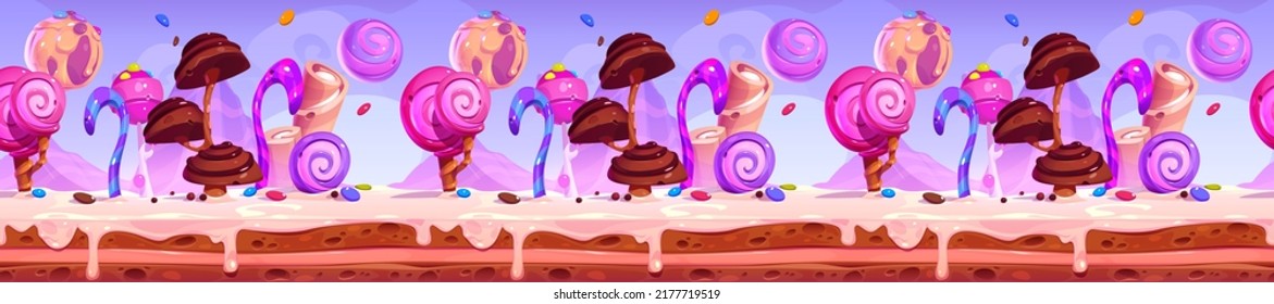 Candy planet cartoon game platform, seamless background. Arcade ui location with sweets, desserts, chocolate and lollipops. Horizontal landscape for computer game, fairy tale scene Vector illustration