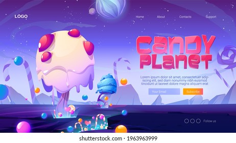 Candy planet cartoon landing page with fantasy alien trees and sweets. Magic unusual nature landscape for computer game, fairy tale cosmic background with beautiful strange plants, vector web banner