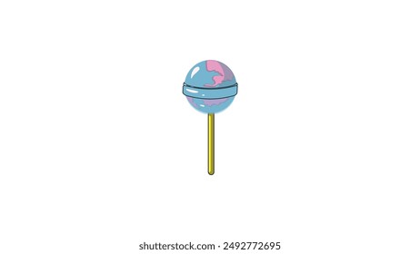 Candy planet Earth on yellow stick on a white background, delicious blue lollipop with continents, cartoon minimal style