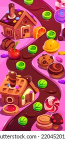 Candy planet game ui level map. Cartoon 2d fantasy landscape with sweets, desserts, and lollipops at chocolate river, graphics for pc or mobile arcade, menu interface design, Vector illustration