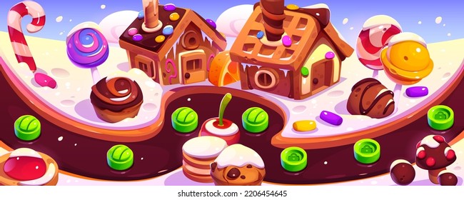 Mapa de nivel de ui del juego del planeta Candy. Dibujo 2d diseño de interfaz de menú, paisaje de fantasía con dulces, postres y lollipops en río de chocolate, gráficos para la galería de imágenes de pc o móvil, ilustración vectorial