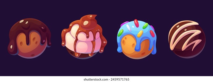 Candy planet icon for fantasy space world in game. Magic galaxy ball with chocolate cookie. Cute colorful and sweet cosmos bubble gui kids design collection. Glossy caramel and tasty orbit ui set