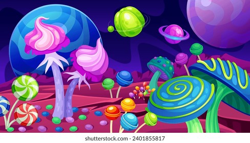 Candy planet landscape. Sweet space wonderland game background, pastry sweets magic confectionery world with lollipop tree, chocolate candies mushroom, neoteric vector illustration of landscape planet