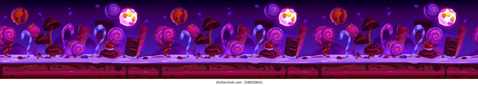 Candy planet night landscape, cartoon game platform. Horizontal seamless background. Arcade ui location with sweets, desserts, chocolate and lollipops in darkness fairy tale scene, Vector illustration