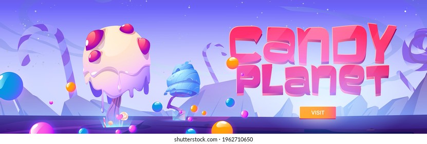 Candy planet poster with fantasy landscape with unusual trees from caramel, candy canes and lollipop. Invitation flyer to sweet store or restaurant. Vector cartoon banner of arcade game