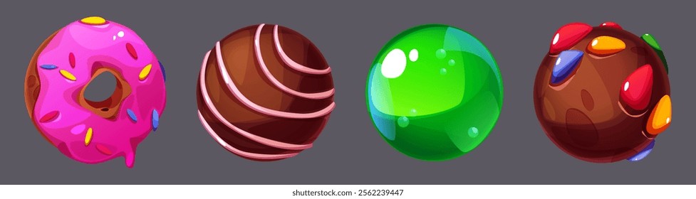 Candy planets collection for space game - glazed donut with sprinkles, chocolate sphere with pink swirls, green jelly bubble world, dark cocoa orb decorated with bright chips. Sweet celestial bodies