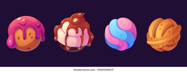 Planetas de caramelo aislados en el fondo. Ilustración de dibujos animados de Vector de bola de helado dulce, pastel de galletas decorado con chocolate, glaseado rosa y caramelo, Elementos de diseño de tierra de confitería mágica