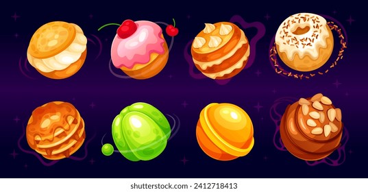 Planetas de caramelo. Bolas de planeta dulce en el espacio cosmos mundo dulces, postre loco chocolate jelly ufo bola dulcemente donut para niños magia galaxia elemento de juego vector ilustración del planeta dulce fantasía