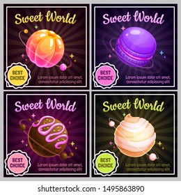 Candy planets. Sweet world design. Cafeteria menu page. Colorful retro labels set. Vector candie illustration.