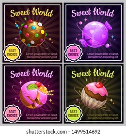 Candy planets. Sweet world design. Cafeteria menu page. Colorful retro labels set. Vector candie illustration.