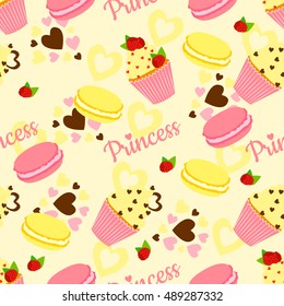 Candy princess pattern with cupcake and heart and macaroon. Strawberry.