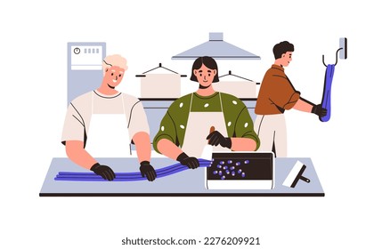 Candy production workshop. Workers making sweets at confectionery factory. Employee team cooking licorice caramel at confectionary plant. Flat vector illustration isolated on white background