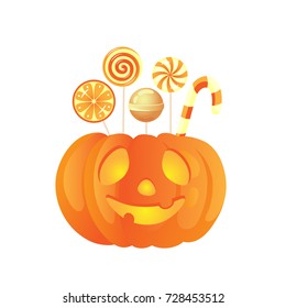 Candy in pumpkin on Halloween. Vector illustration.
