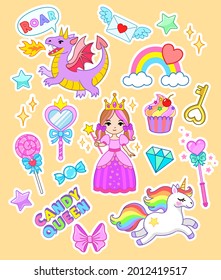 Candy queen text. Cute little princess with magic wand, dragon, unicorn, heart shaped mirror, diamond, rainbow and sweets. Vector illustration for kids