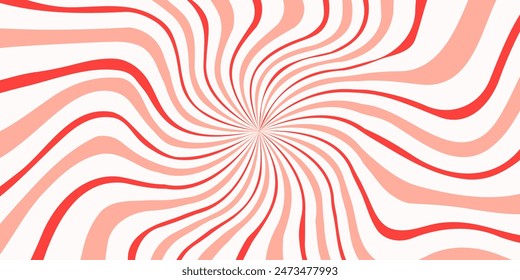 Candy radial background with red and pink rays. Vector illustration of a candy cane spiral. Retro pattern