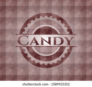 Candy red emblem or badge with abstract geometric pattern background. Seamless.